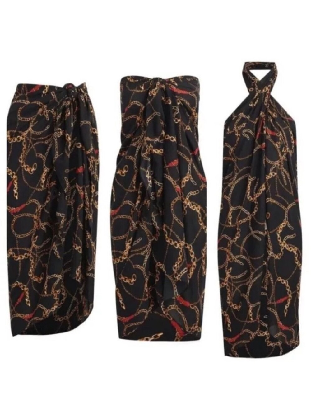 Walter Baker Black Chain-Print Swim Coverup Sarong with Red Accents
